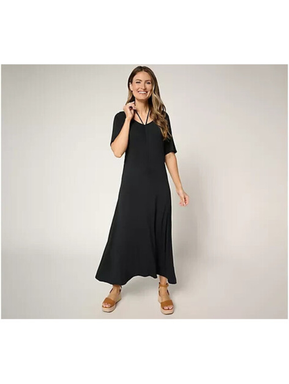 Peace Love World Regular Ruch Front Short Sleeve Midi Dress Black, Size Medium